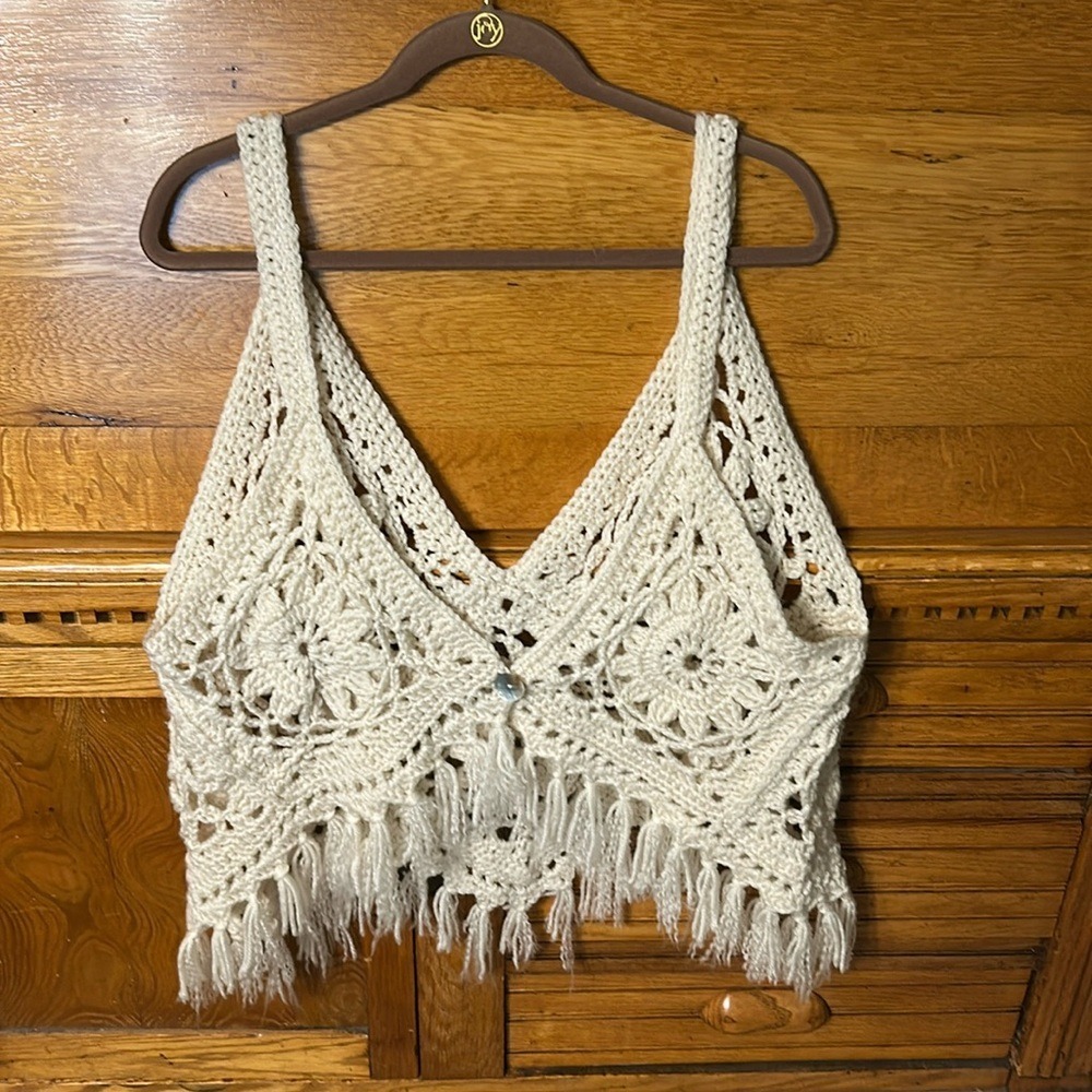 Concert Cream Crochet Fringe Crop Top Boho Festival V-Neck Granny Square L/XL